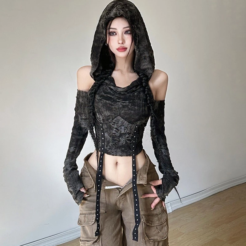 Wasteland สไตล์ Hand-Frayed Hooded Strapless เสื้อยืดแขนยาวผู้หญิง Slimmer ดูเอวสูงที่ไม่ซ้ํากันสั้น Maige เกราะ Mink 8