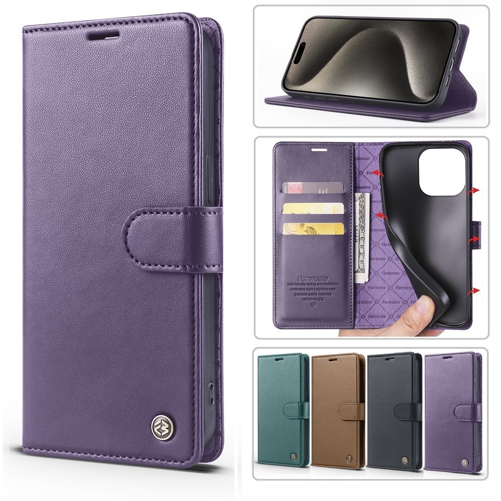 RFID สําหรับ iPhone 17 Pro Max 17 Air 17e 16 Pro Max 16 Plus 16e 15 14 13 11 SE Xs Max XR X 8 plus 7 plus กระเป๋าสตางค์หนังพลิกปลอกผู้ถือบัตรแม่เหล็ก