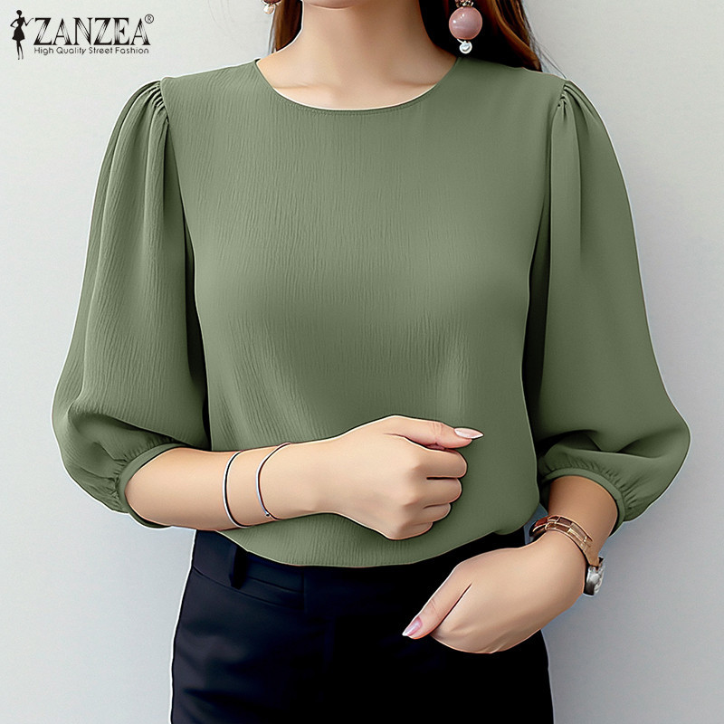 Zanzea เสื ้ อเบลาส ์ สีทึบลําลองคอกลมครึ ่ งแขนสําหรับผู ้ หญิงวินเทจทุกวัน — صورة 5