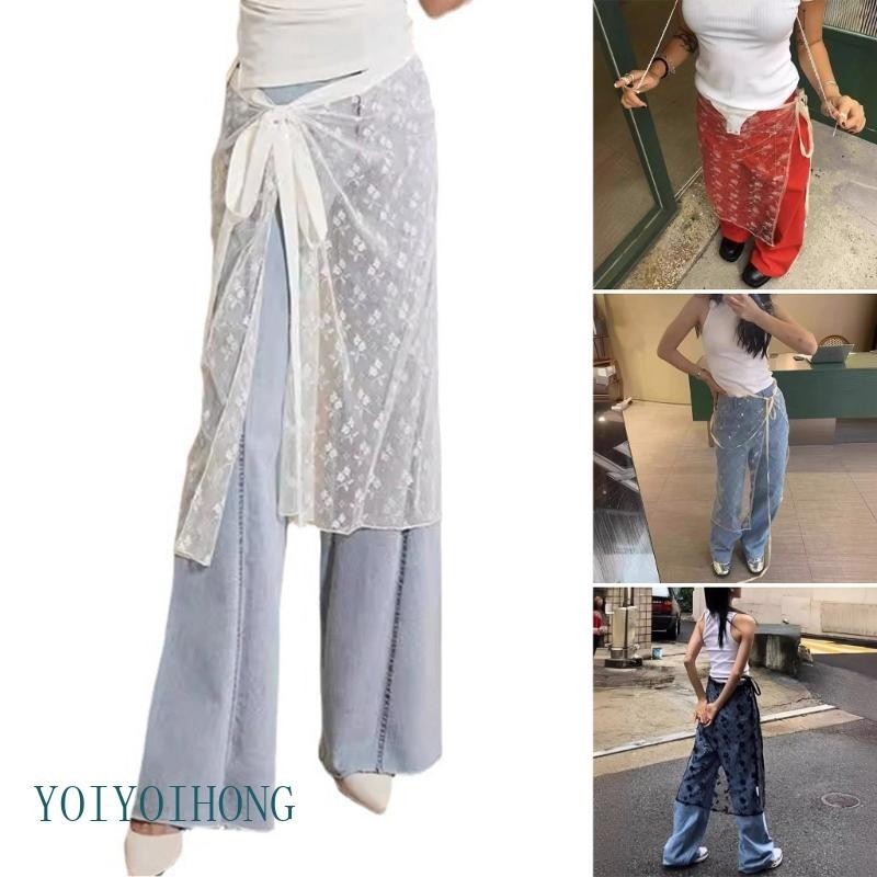 Yoioi ผู้หญิงเกาหลี Tie Up ดูผ่านเลื่อมดอกไม้ลูกไม้ผ้ากันเปื้อนกระโปรง Sheer Layering กระโปรงยาวครอบคลุม Overกระโปรงกระโปรงสะโพก S