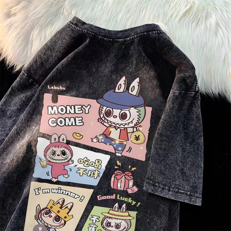 CC chao（ จัดส่งตลอด 24 ชั่วโมง ） เสื้อยืดฟอก oversize ผ้าฝ้าย100% โอเวอร์ไซซ์ สีดําเข้ม เรโทร สําหรับผู้หญิง #T1656