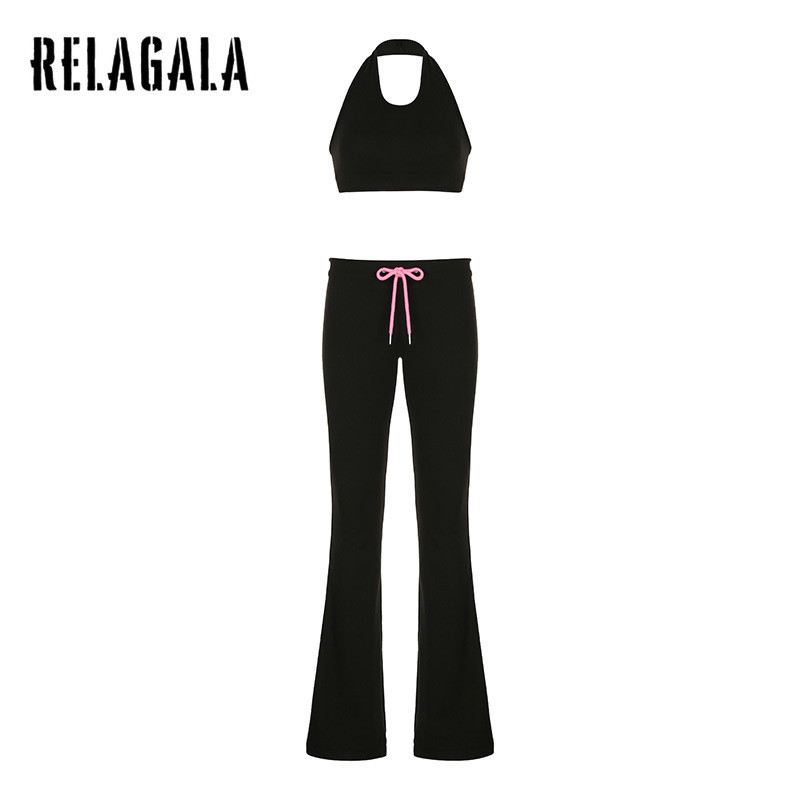 Relagala ผู ้ หญิง 2024 ใหม ่ แฟชั ่ นสบายๆสีทึบ U คอ Contrasting กางเกงชุด