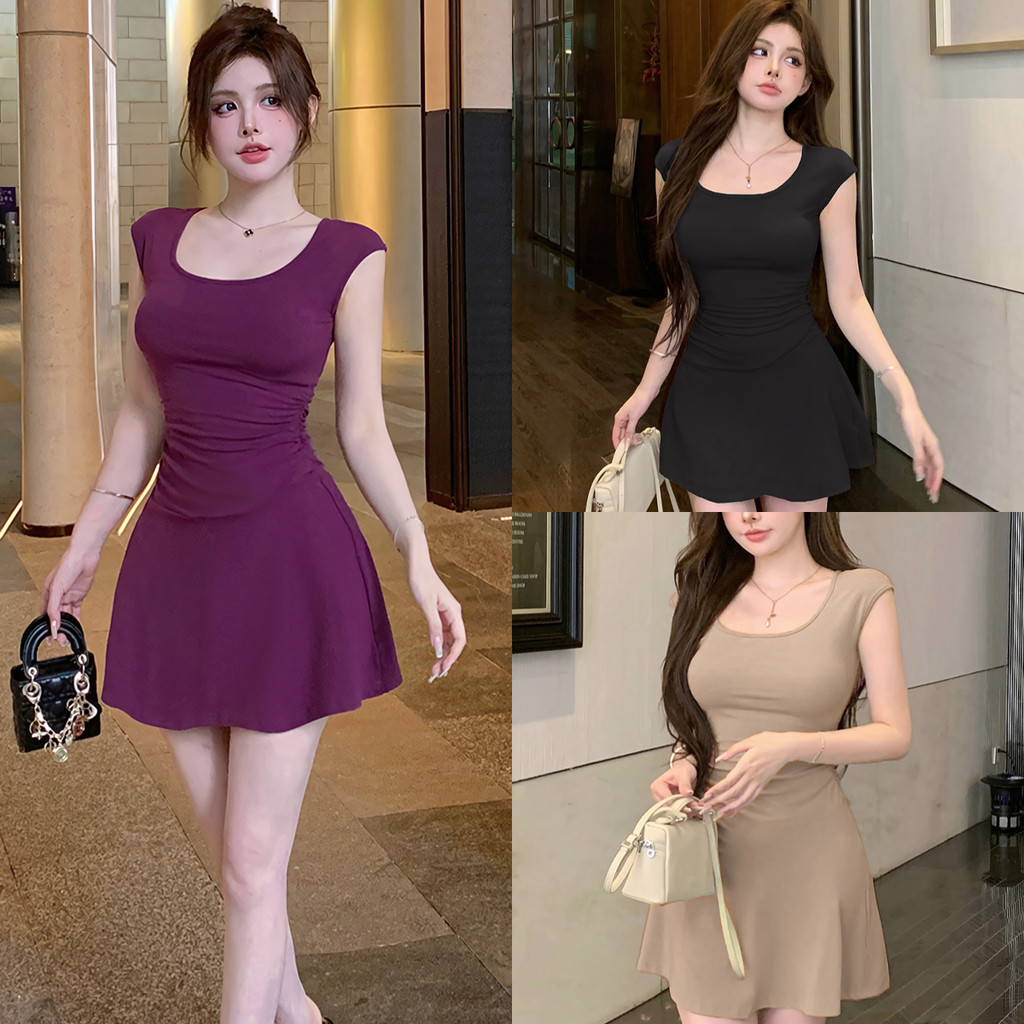 Suysuy พร้อมส่ง เดรส สำหรับผู้หญิง คอกลม แต่งสม็อคข้าง สีพื้น ผ้าเรยอนนุ่มๆ ใส่สบาย สไตล์เกาหลี น่ารักๆ