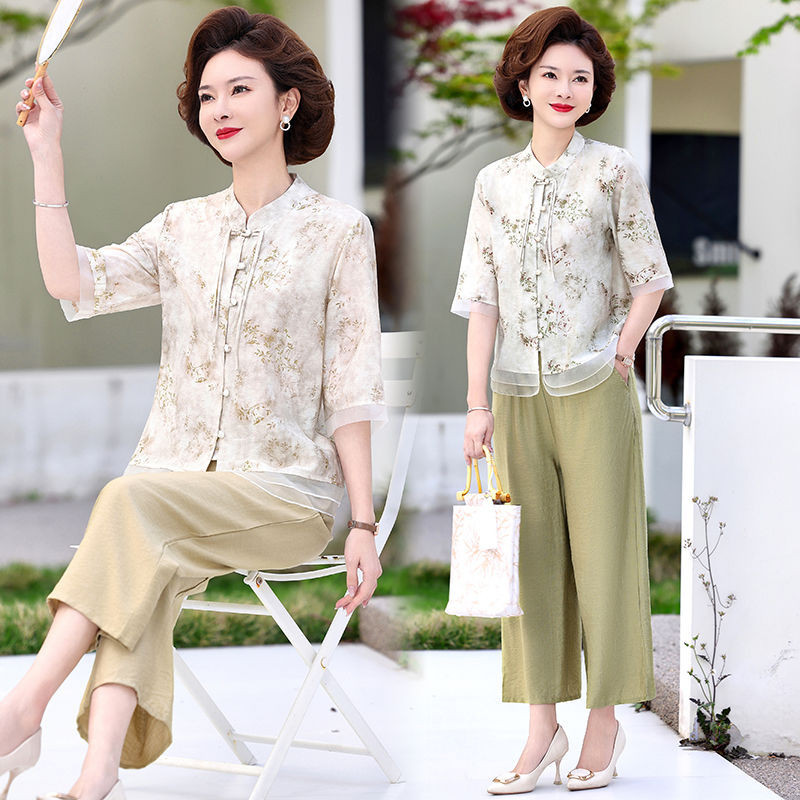 Set 2 ชิ้น✨เสื้อผู้หญิง+กางเกงขากว้าง คนแก่🎀ผ้าสตรีวัยกลางคนและผู้สูงอายุ ชุดคุณย่า สวมใส่สบาย
