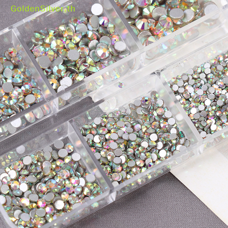 Goldensilver 6 ขนาดกล่องคริสตัลแบน Rhinestones ชุดไฮบริดตกแต่งเล็บ AB Colorf TH