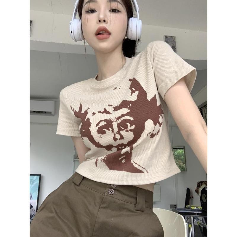 เสื้อยืดครอปเเฟชั่นสไตล์เกาหลีเรียบง่ายสำหรับผู้หญิง เสื้อครอป