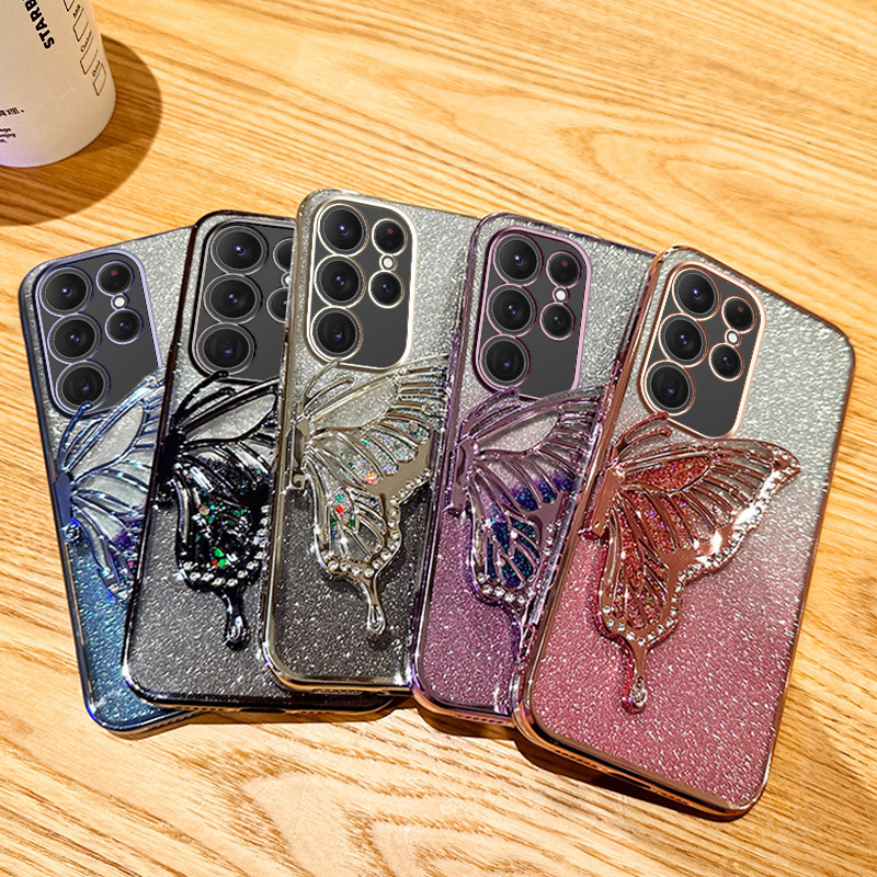 Glitter Rhinestones Quicksand ผีเสื้อนุ่มสําหรับ Samsung S25 S24 Ultra S23 S22 S21 Plus S24fe S23fe S21fe S20fe