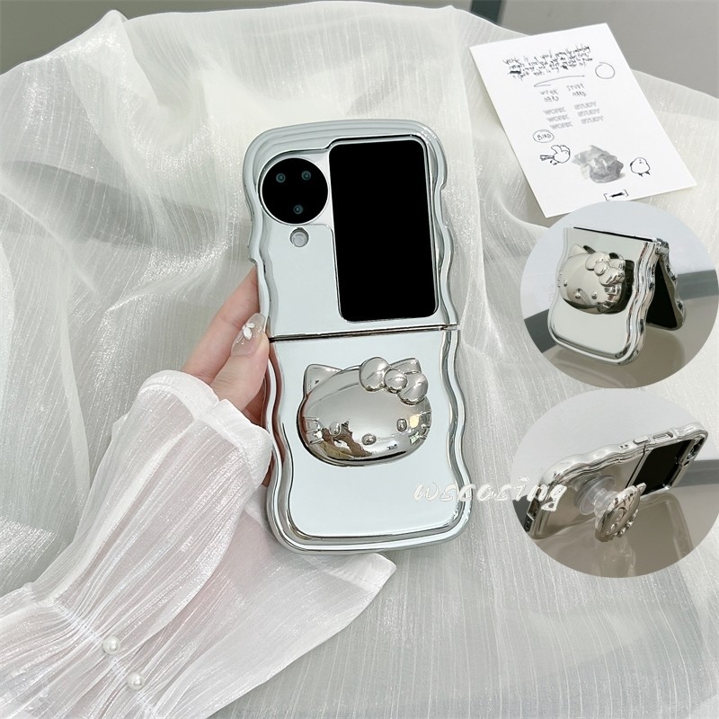 Electroplated 3D แมวน่ารัก Bracket Case OPPO Find N3 N2 Flip Wave Edge Casing Bownot Stand Soft TPU กันกระแทกปกหลัง