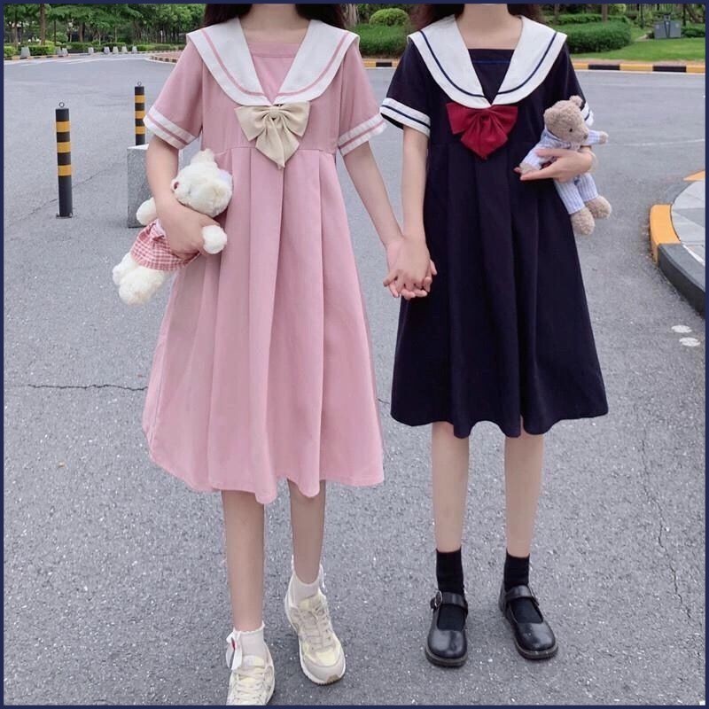 Preppy Style Dress นักเรียนหญิงหวานน ่ ารักญี ่ ปุ ่ น Navy Collar jk แฟน a-Line กระโปรง