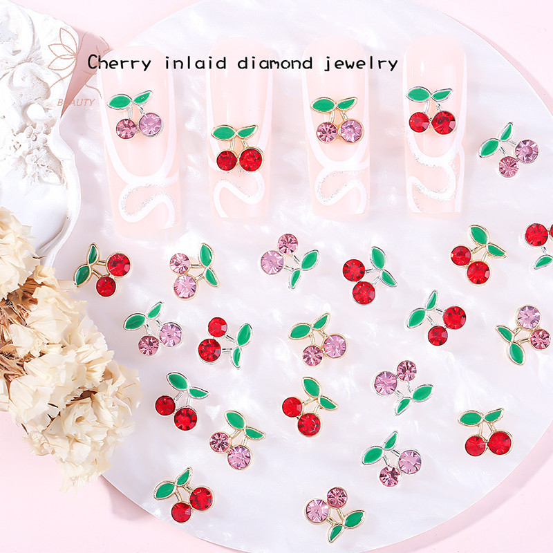 [maybeauty] 10 ชิ้น 3D Cherry Gold Silver โลหะแก้วคริสตัล Rhinestone Glitter เล็บ Ch DIY อุปกรณ์ตกแต่งเล็บ {TH}