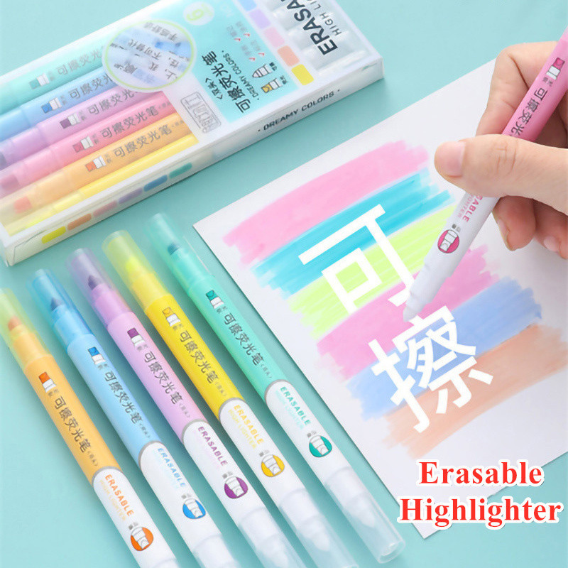 6 สี Erasable Highlighters ชุด Double-Ended เครื่องหมายสีพาสเทลสําหรับนักเรียน Study Note-Sing Bullet Journal Planner Drawing