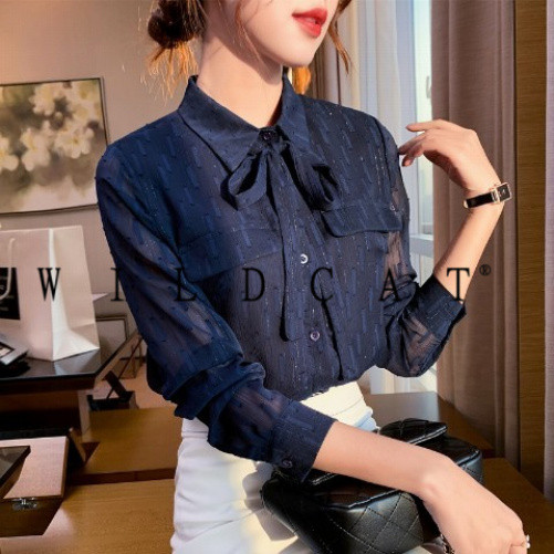 กุทัณฑ์ เสื้อผู้หญิงแขนยาวชีฟองแฟชั่นใหม่ของผู้หญิงสีฟ้าด้านบน