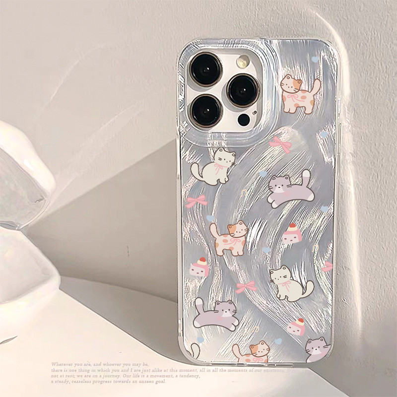 แฟชั่น เคสไอโฟน11 เคส รูปแบบแมว Feather Laser Case For iPhone 11 12 13 14 15 16 Pro X XR XS MAX 7P 8Plus SE เคสโทรศัพท์