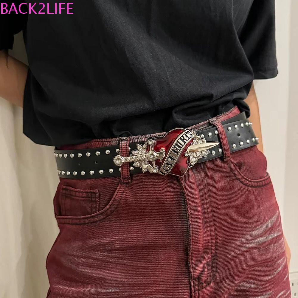 Back2life เข็มขัดหัวใจ, Hip-hop Y2k เข็มขัดหมุดสีดํา, แฟชั่น Punk Luxury Goth กางเกงยีนส์เข็มขัดผู้ชายผู้หญิง