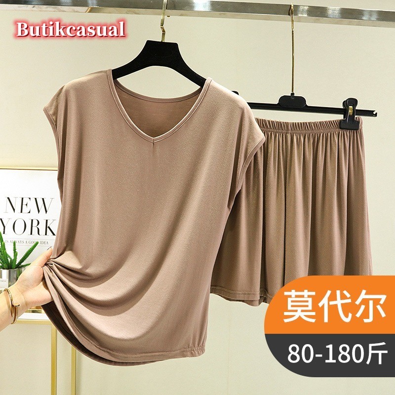 ผู้หญิง Modal แขนกุด 2 ชิ้นชุดชุดนอนหลวม 2025 ฤดูร้อนขนาดใหญ่กางเกงขาสั้นบาง Loungewear