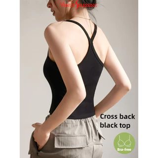 2 IN1 Bra-Top Y-shape Beauty-back Off-the-shoulder Top ผู้หญิงเต้านม Pad Bra + Top 2in1 Ribbed เสื้อกั๊ก Top
