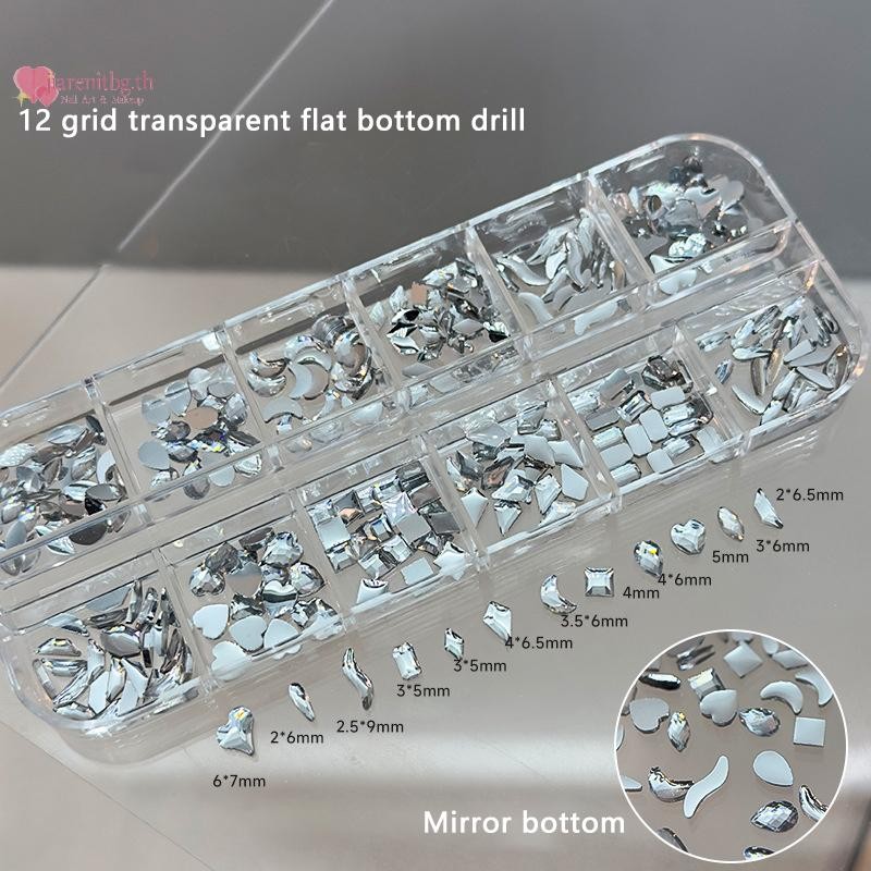 Renbg 12 กริด Sparkle คริสตัลด้านล่างแบน Glitter Rhinestones เรขาคณิตไม่สม่ําเสมอตกแต่งเล็บ DIY เล็บเครื่องมืออุปกรณ์เสริม TH