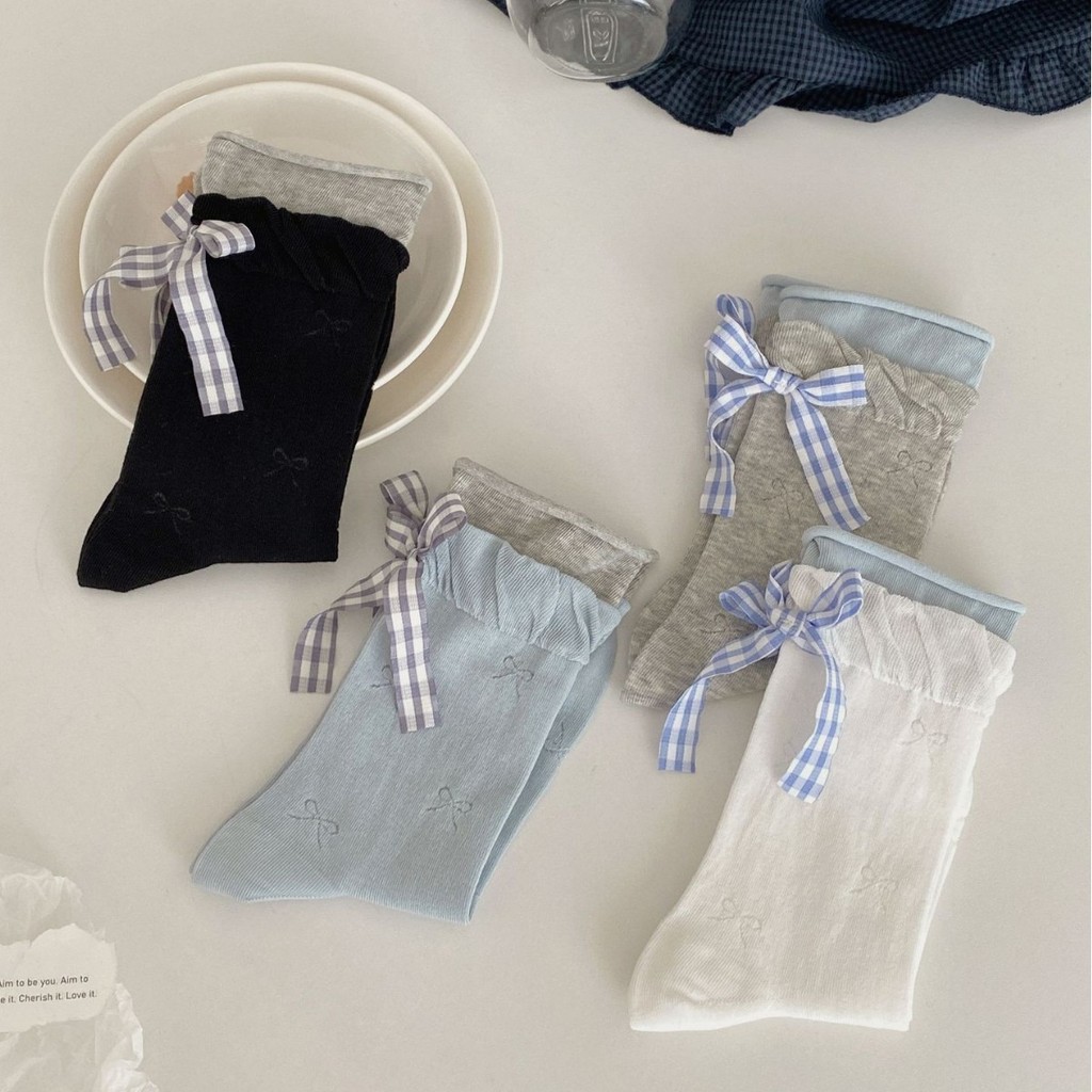 กลับโบว์ลายตารางหมากรุกสีฟ้าบางนุ่มระบายอากาศ โลลิต้า ถุงเท้าผ้าฝ้ายฤดูร้อนหวานสําหรับผู้หญิง