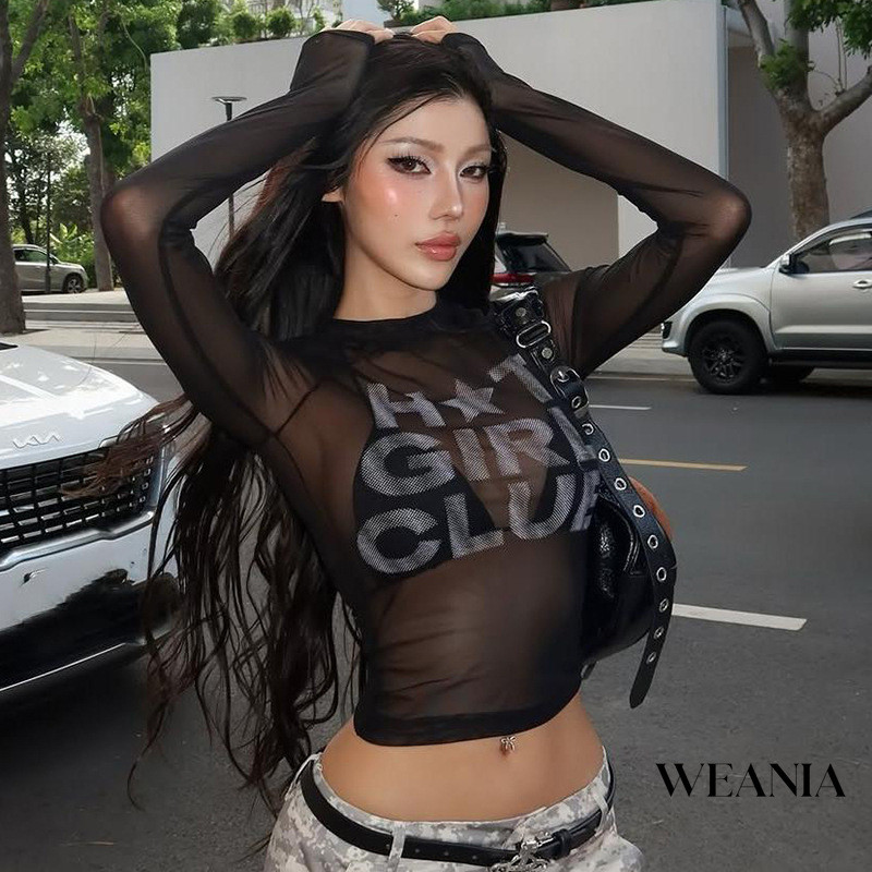 Weania เสื้อยืดคอกลมพิมพ์ลายตาข่ายซีทรูเสื้อยืดครอปบาง