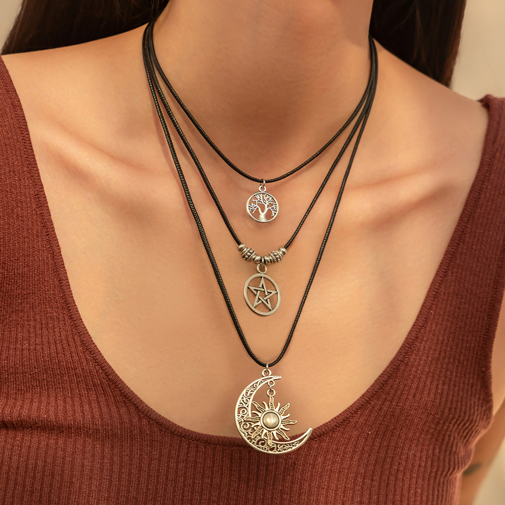 Y • LIFE Goth Vintage Sun Moon จี้สร้อยคอชุดสําหรับผู้หญิงผู้ชายคลาสสิก Hollow Star Tree of Life Cha