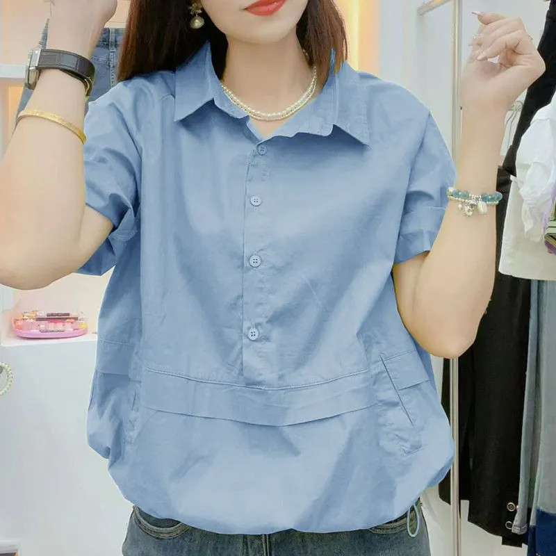 เวอร์ชั่นเกาหลีเสื้อบางแคบ-เอวเสื้อแขนสั้นฤดูร้อนสไตล์ใหม่หลวมสไตล์ตะวันตกหลวม ผอมลง ดูขนาดใหญ่ออกแบบพร็อพเสื้อเรียบง่าย ราคา ถูกที่สุด ดีลบีเคเค แกลเลอรีภาพที่ 4