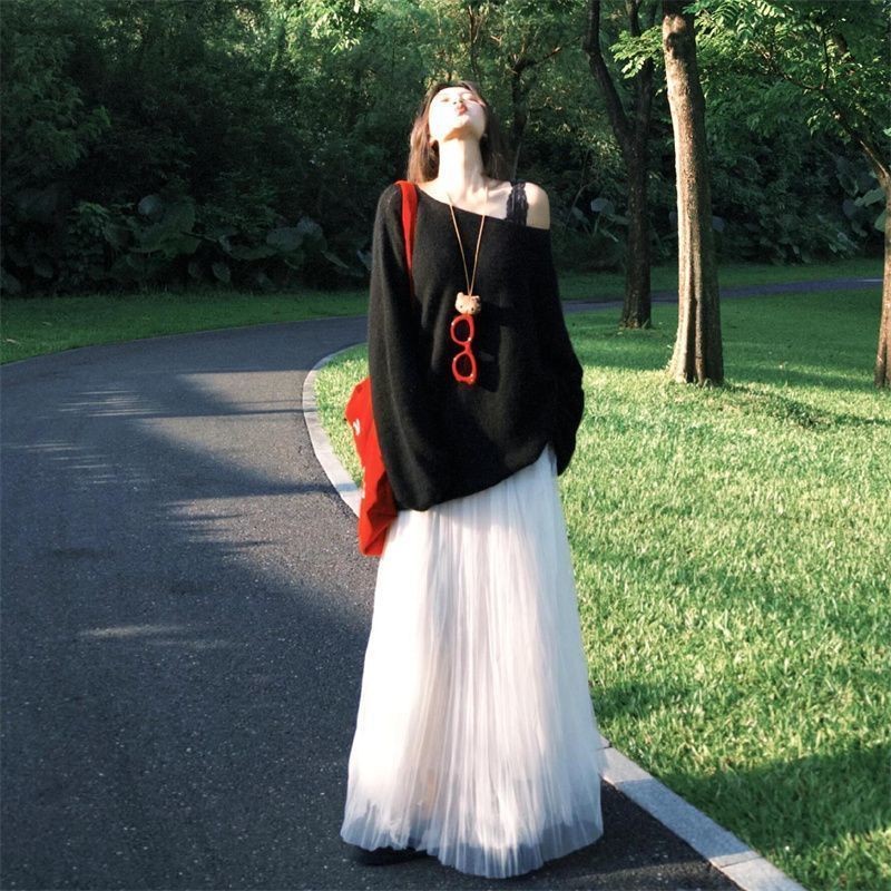 {Subi-Oder}ชุดสไตล์เกาหลีหวานสําหรับเสื้อกันหนาวผ้าถักฤดูใบไม้ร่วง + กระโปรงยาวสําหรับผู้หญิง