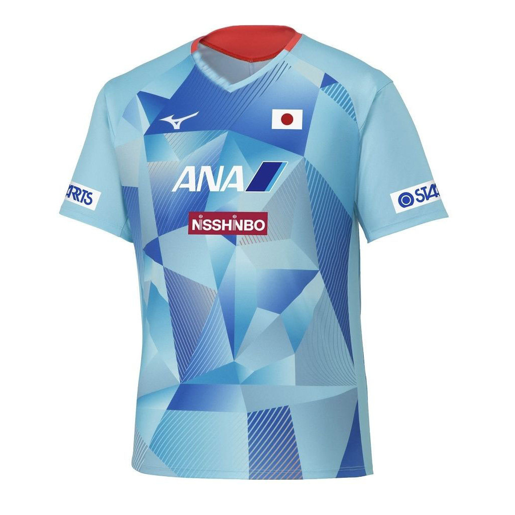 MIZUNO มิซูโน่ มิซูโน่ มิซูโน่ เสื้อปิงปองเสื้อการแข่งขันแขนสั้นคอวี ไม่จํากัดเพศ ดูดซับเหงื่อ