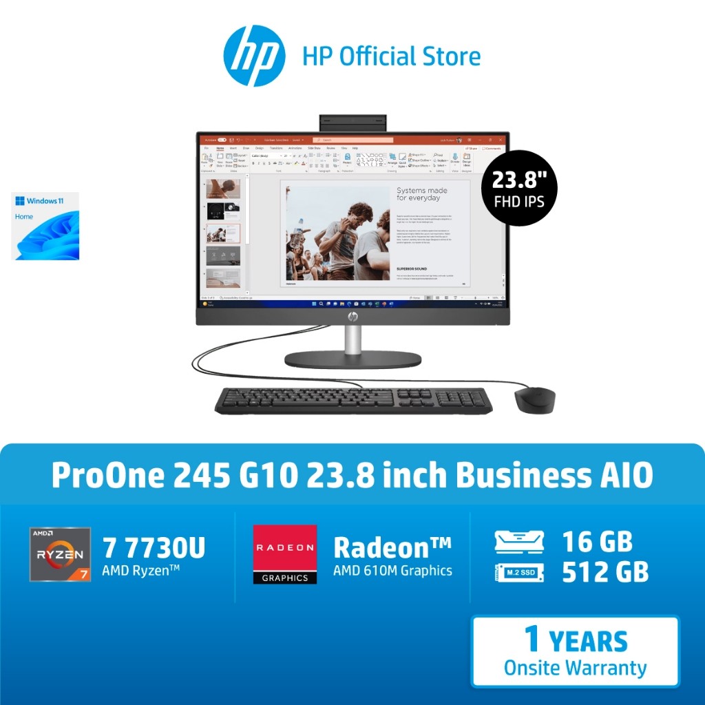 [ราคาพิเศษ+ของแถม] HP ProOne 245 G10 23.8 inch R7-7730U/16GB DDR4/512SSD/AMD Radeon/Win 11/1 Yrs