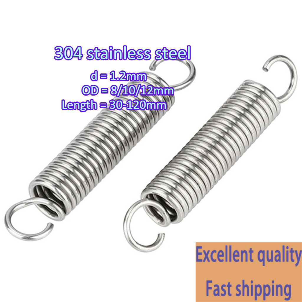 304 สแตนเลส สปริงแรงดึง/สปริง d=1.2mm,OD8/10/12mm,L=25~120mm สปริงดึงพร้อมตะขอ ทาประตูโรงรถ ขัดเงา เครื่องแกว่ง