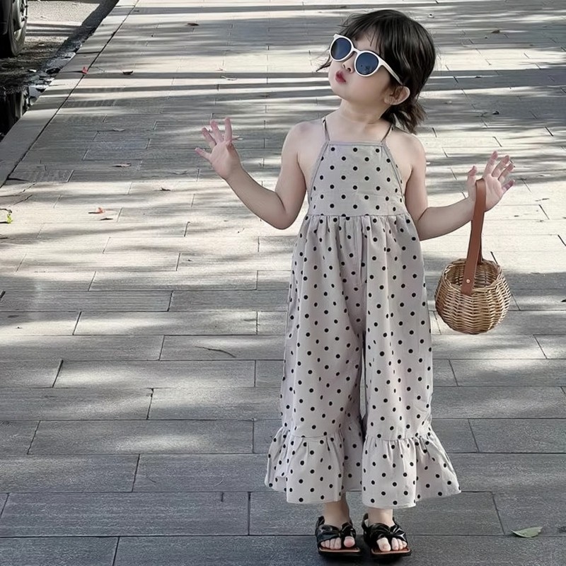ชุดจั๊มสูทเด็กผู้หญิงแขวนเกาหลีลายจุดพิมพ์ลําลองฤดูร้อนบอดี้สูท