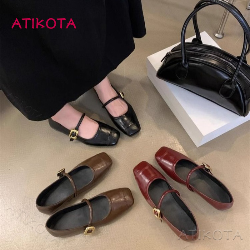 Atikota ผู้หญิงรองเท้าแบนสุภาพสตรี Slip-on แฟชั่นอเนกประสงค์ปากตื้น Square Toe รองเท้าทํางาน