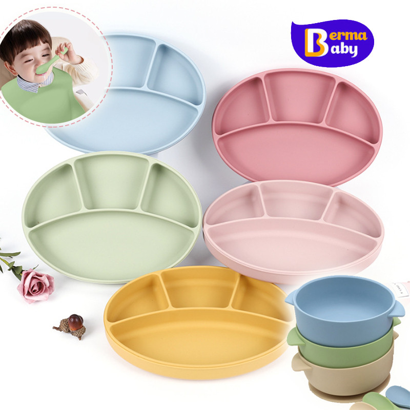 Berma Baby จานซิลิโคนเด็ก 4 ใบ กันกระแทก ฐานดูดสูญญากาศ ใช้กับโต๊ะหัดทานขนาดเล็กได้