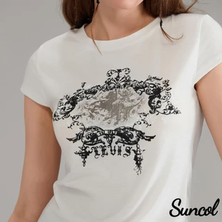 Suncol-womens เสื้อยืดแขนสั้นลําลองพิมพ์วินเทจรอบคอสัมผัสสะดือ Slim Fit Tops