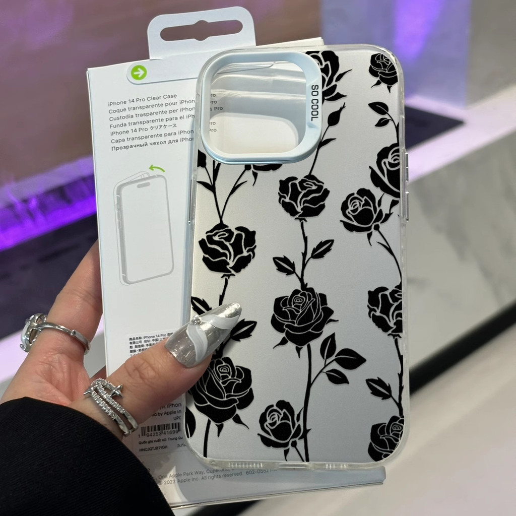 ดอกกุหลาบสีดำเคสไอโฟนหรูหราไฮโซ For iphone 11 12 13 14 15 16 Pro MAX 14 15 16 Plus XR XSMAX 7Plus เคสโทรศัพท์กันกระแทก