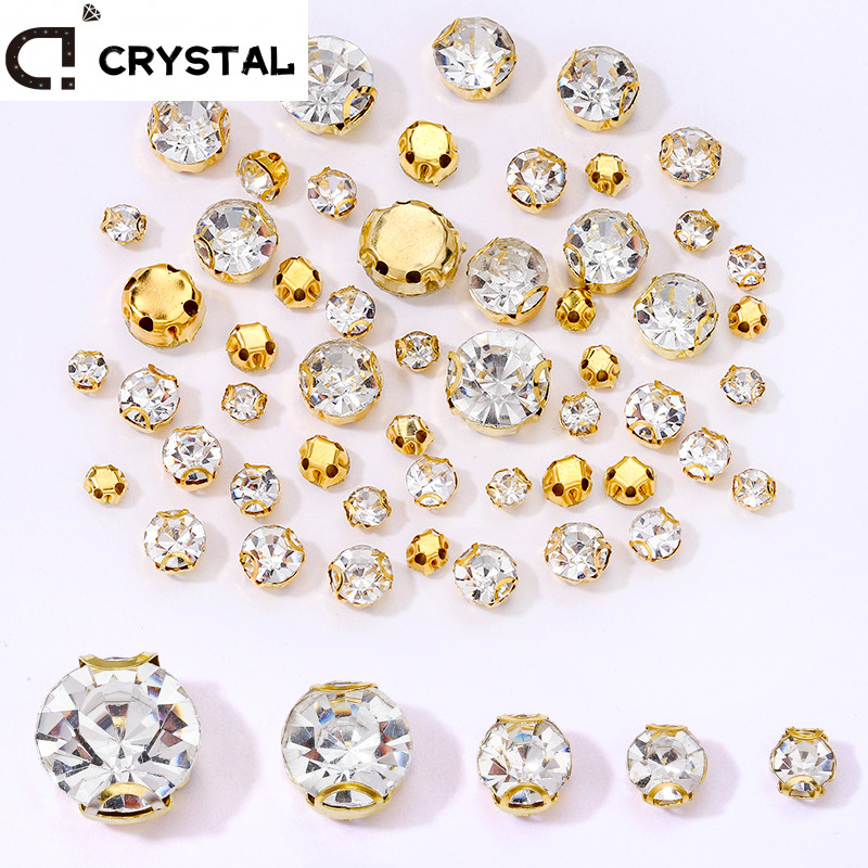 4-10 มม.3D Silver/Gold Claw รอบเย็บคริสตัลใส Rhinestone พร้อมรู DIY เย็บบนหินแก้วสําหรับเย็บปักถักร้อย