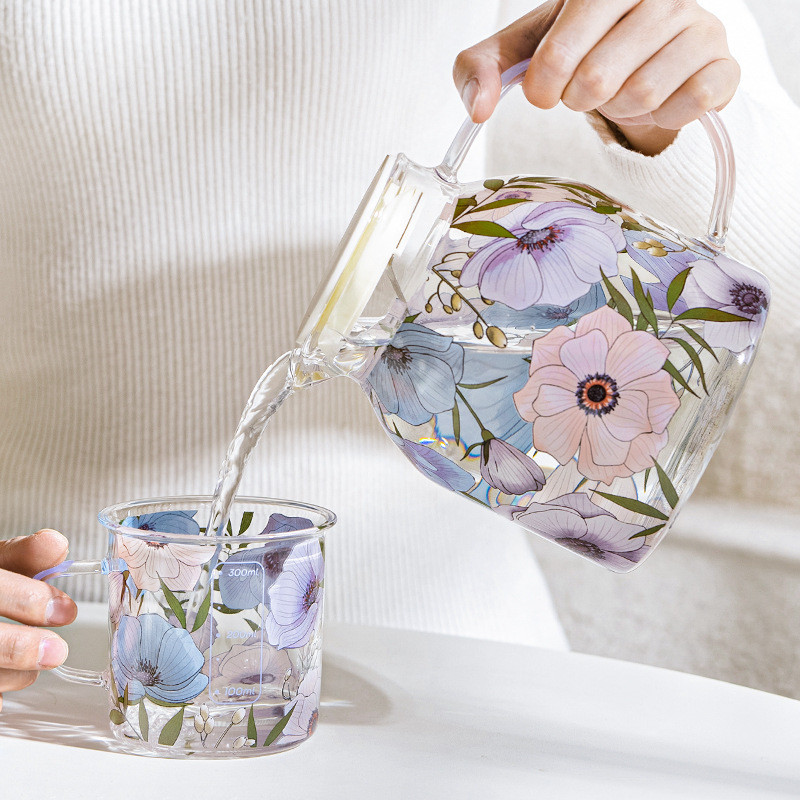 [คลังสินค้าพร้อม] MJshop ถ้วยแก้วพร้อมที่จับ Lotus ชุดขวดน้ําเย็นกาแฟ Borosilicate สูง
