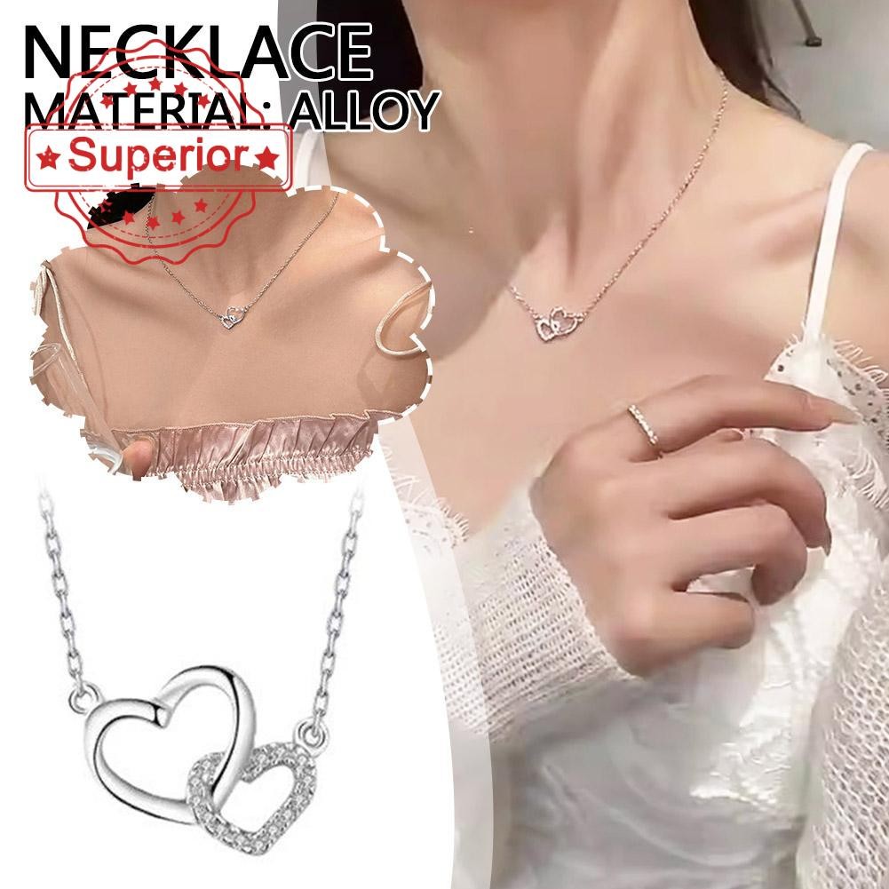 แฟชั่น Heat To Heart สร้อยคอสีเงินเงา Double Heart Clavicle Chain สําหรับวาเลนไทน์ E2g2