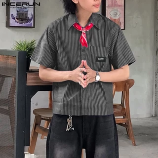 INCERUN เสื้อเชิ้ตพิมพ์ลายลายทางลําลองสไตล์เกาหลีสําหรับผู้ชาย (เนคไทไม่มี)