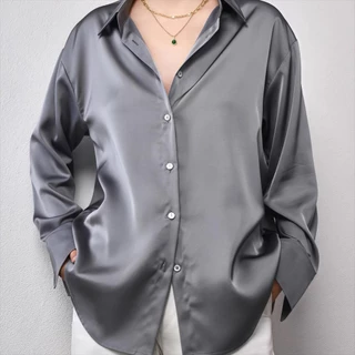 ยุโรปซาตินแขนยาวสุภาพสตรีเสื้อหรูหราความรู้สึกระดับสูงของหลวมขนาดบวกคอวีความหลากหลายของสีให้เลือก