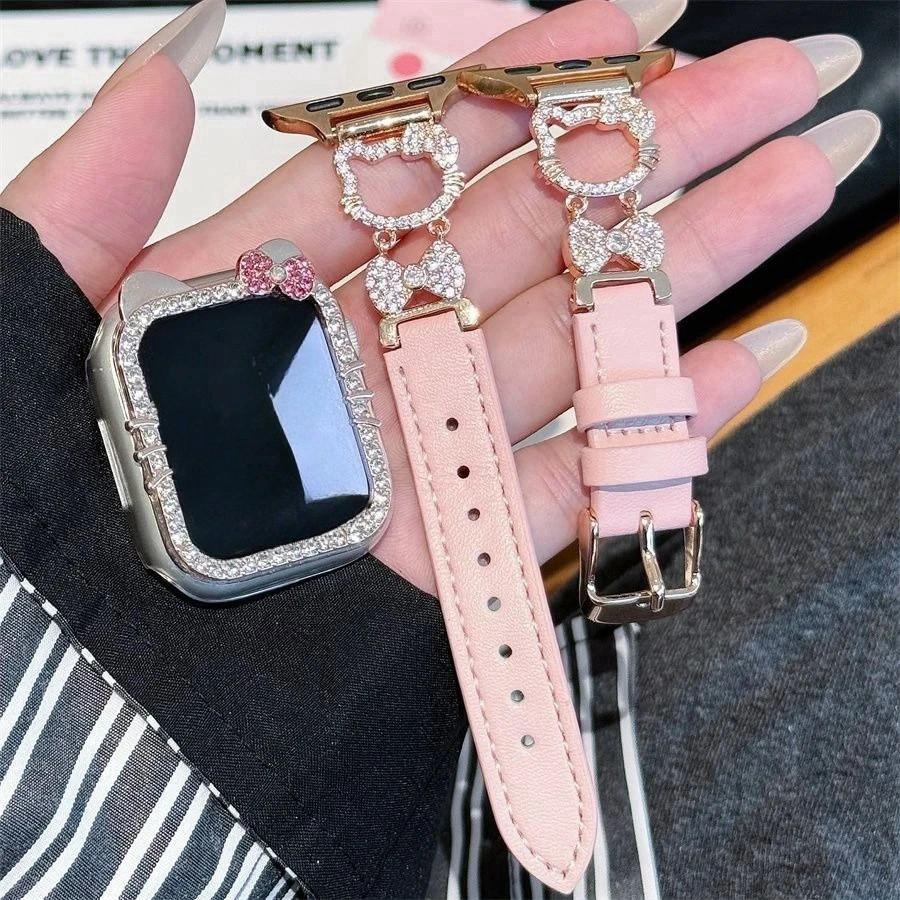Hello Kitty A-pple นาฬิกา + กรณี Sanrio หนังเพชร Watchband ใช้กับ Iwatch 38 44 46 42 มม.S10/11 ผู้หญิงสายนาฬิกาของขวัญ