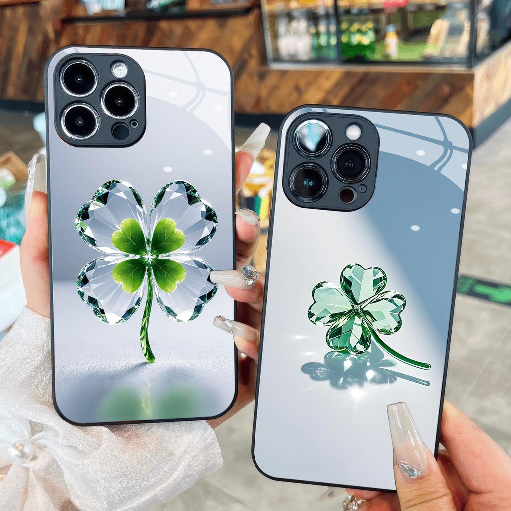 Lucky หรูหราคริสตัลใส four-leaf clover แก้วสําหรับ iPhone 16 15 14 13 12 11 8 7 6 6s 6p 7p 8p 6g 7g 