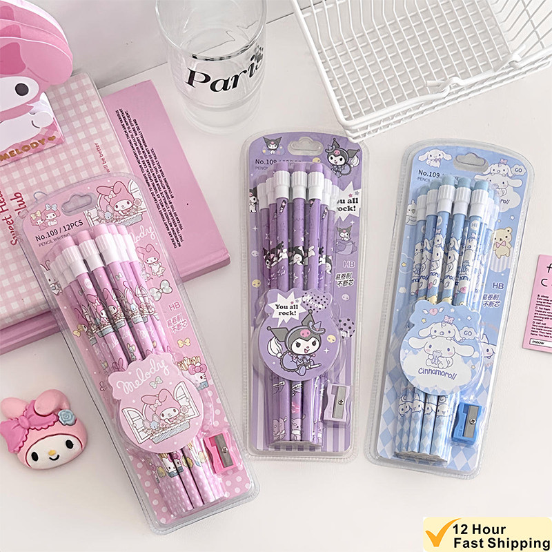 Sanrio Kuromi HB Pencils 12 Pencils & 1 Pencil Roller ชุดกล่องเครื่องเขียน,นักเรียนเขียนการวาดภาพดิน