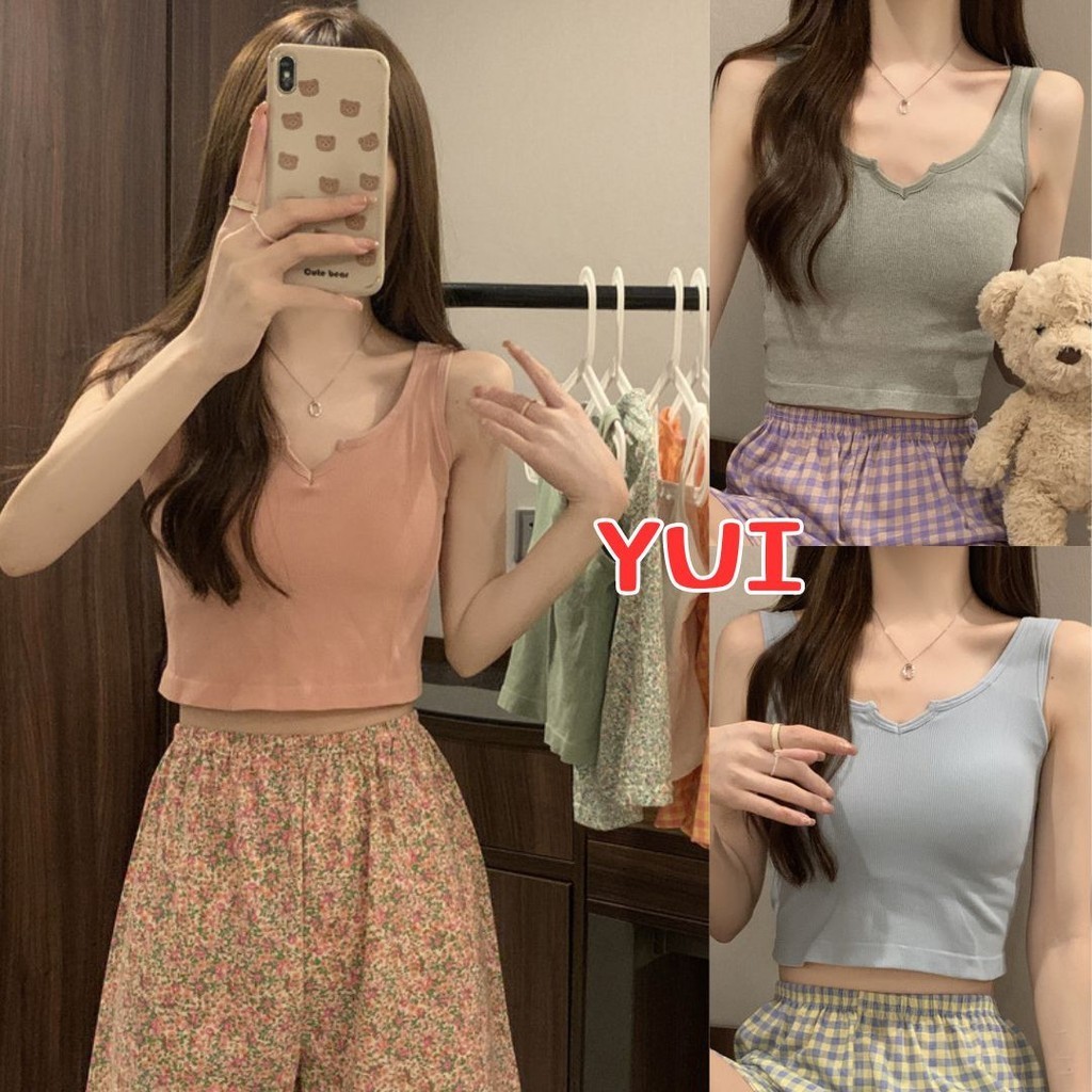 💙YUI💙 เสื้อครอปแต่งเว้าคอ สีพื้น แขนกุด มีฟองน้ำ  ใส่สบาย #H19