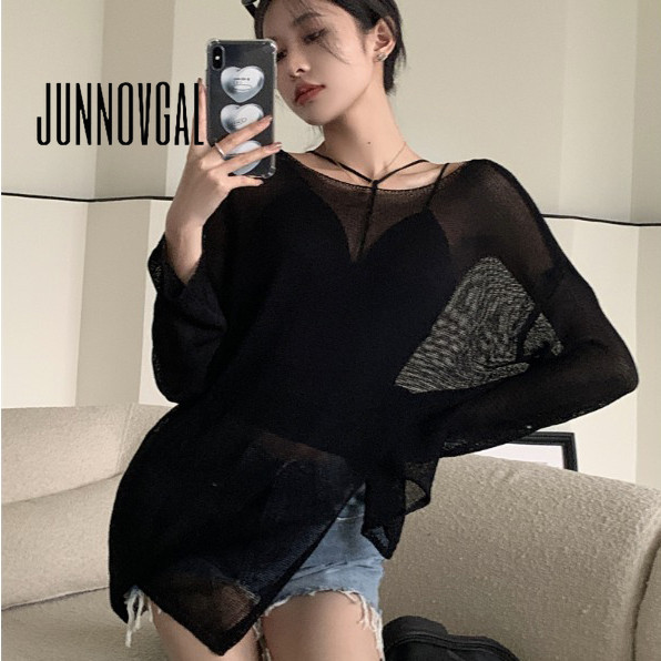 Junnovgal เสื้อยืดแขนยาว ผ้าตาข่ายโปร่งแสง ทรงหลวม สําหรับผู้หญิง 2024