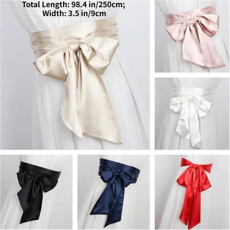 เข็มขัดริบบิ้นผ้าซาติน (250 ซม.) สำหรับผู้หญิง ผูกเชือก คอร์เซ็ท สีแดง/ขาว/น้ำเงิน
