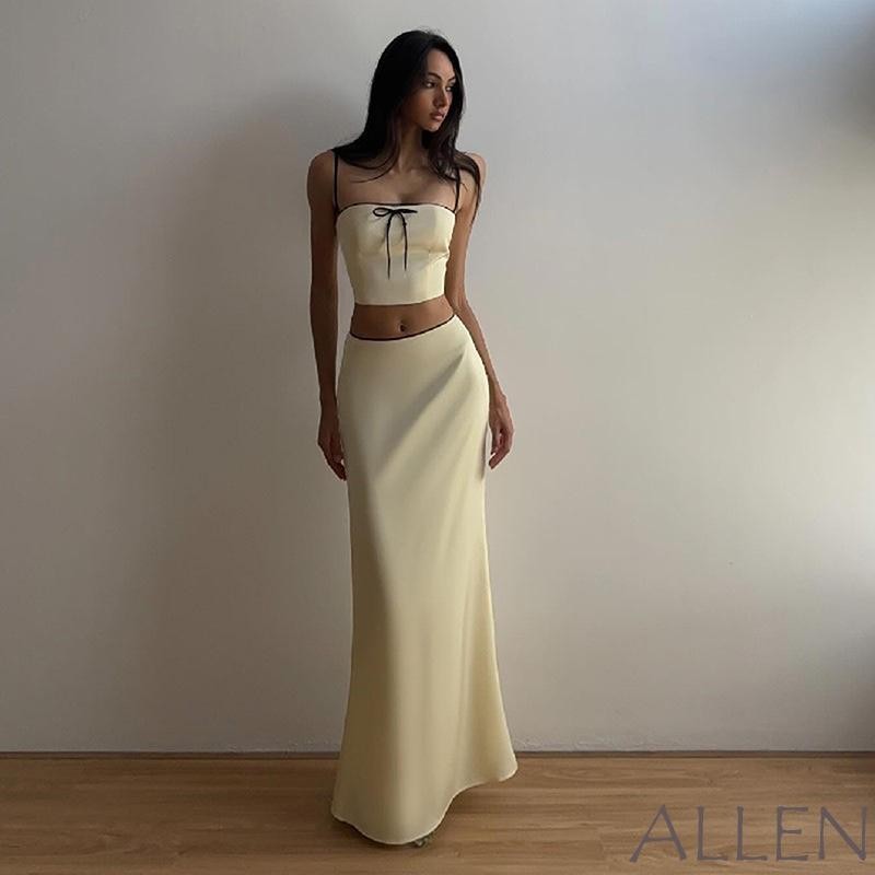 Allen-ผู้หญิง́ ฤดูร้อน 2 ชิ้นชุดโบว์ด้านหน้า Cami Tops พร้อมกระโปรงยาวแนวราบชุดเสื้อผ้าปาร์ตี้
