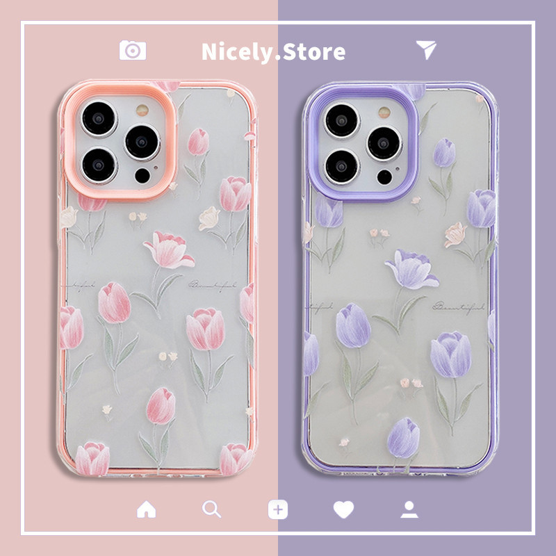 เคสโทรศัพท์มือถือ แบบใส ลายดอกทิวลิป สีชมพู สีม่วง สไตล์เรโทร สําหรับ iPhone 15 14 Plus 13 12 11 Pro Max 12Promax 3 in 1