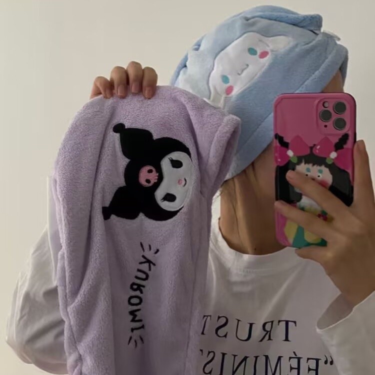 Sanrio Kuromi Cinnamoroll หมวกอบแห้งผม ไมโครไฟเบอร์ แห้งเร็ว หมวกผ้าขนหนู ดูดซับน้ําได้ดีมาก หมวกอบแห้งผม