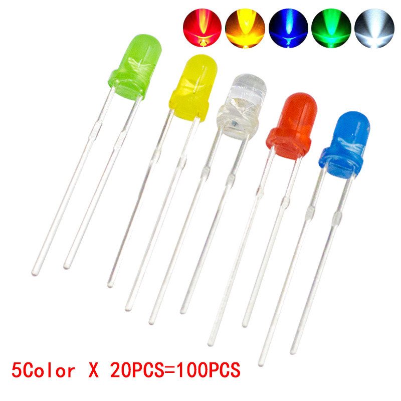 F3 ชุดไดโอดเปล่งแสง ทรงกลม สีเขียว สีเหลือง สีฟ้า สีขาว สีแดง 3 มม.