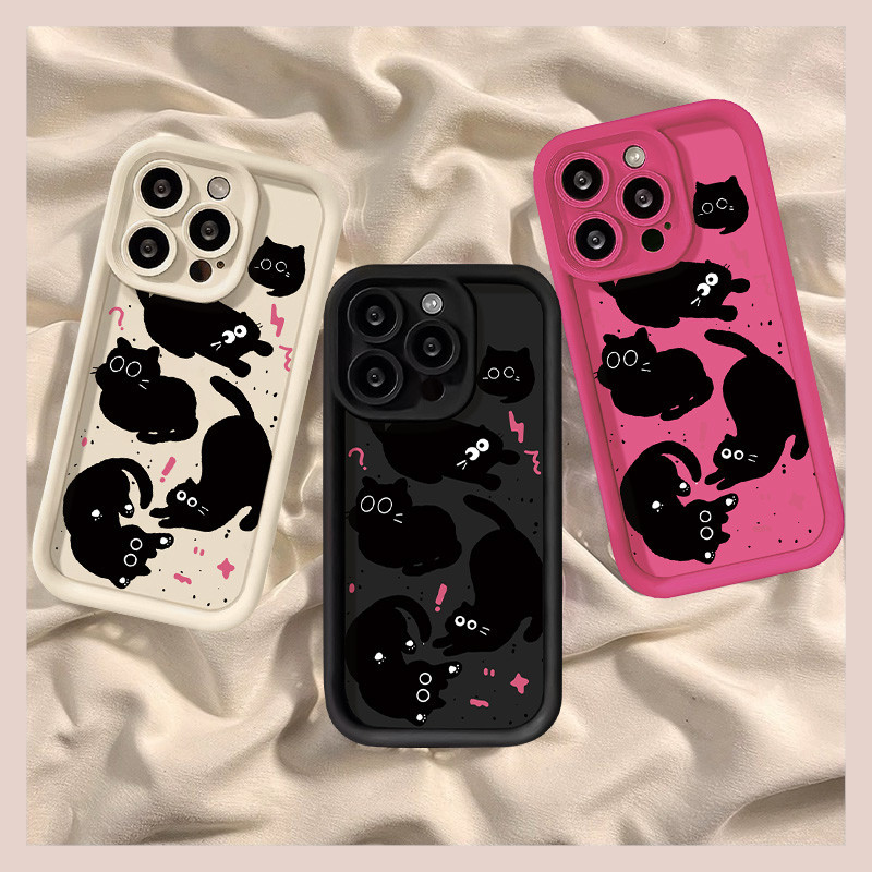 การ์ตูนแฟชั่นน่ารักสีดำแมวขี้เกียจซอฟท์เคสสำหรับ iPhone 15 11 13 14 12 Pro Max 7 15 8 6s 6Plus 7Plus XR X XS Max